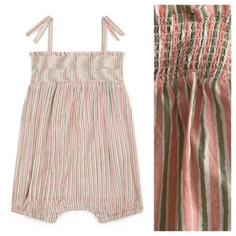 Bonton Pink Green Stripe Smocked Calina Playsuit 2t